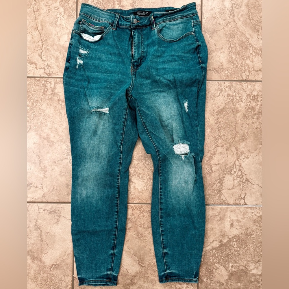 Judy Blue Distressed Teal Boyfriend Jeans